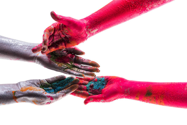 Colored hands. Shares with each other. Sharing the colors of life. Bright life. Joy of giving. Divide one another. - 写真・画像