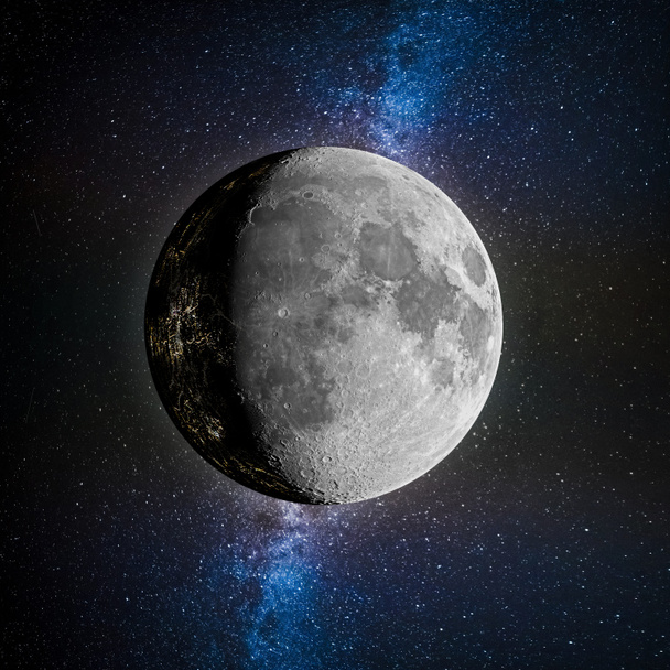 Fiction de la Lune habitée sur fond spatial, lumières sur la Lune
 - Photo, image