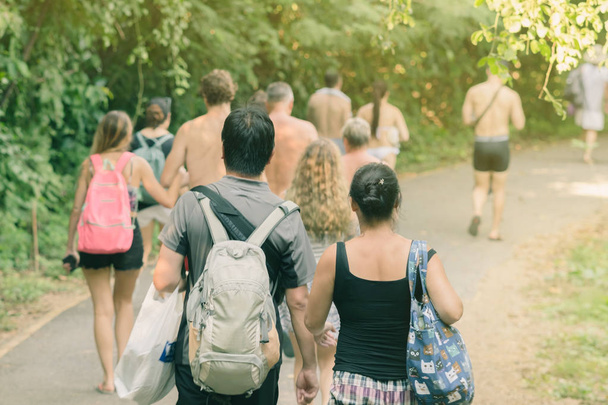 Back view of people walking on the hiking trail in the woods to Erawan waterfall in Kanchanaburi,Thailand. - 写真・画像