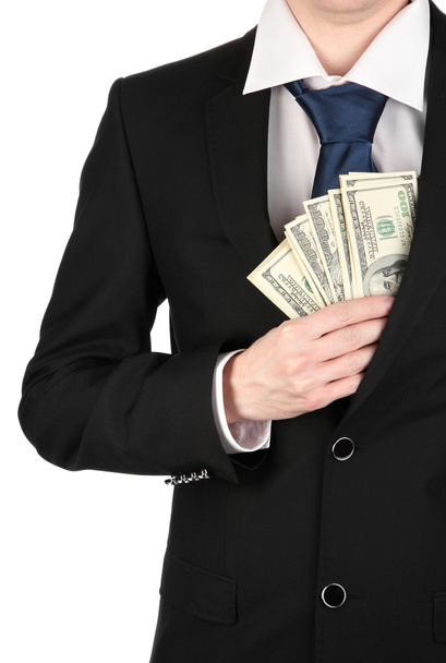 Business man hiding money in pocket isolated on white - Foto, Bild