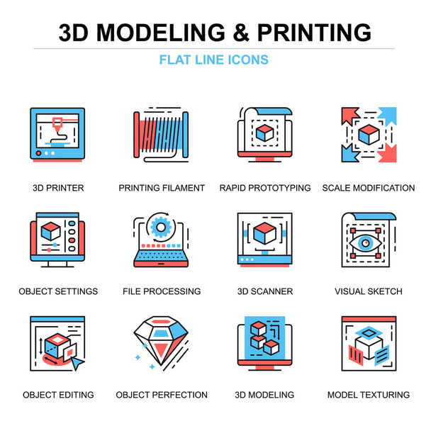 Flat line 3D printing and modeling icons concepts set for website and mobile site and apps. Volumetric object scanning, scaling technology. Thin line color simple pictogram pack. Vector illustration. - Vector, Image
