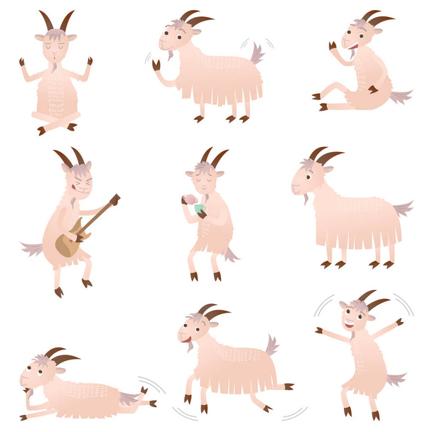 Set van verschillende grappige geiten in verschillende poses met positieve emoties runs, sprongen, rust en meer. - Vector, afbeelding