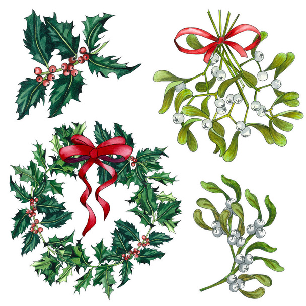 Set aquarel kerst Maretak, Holly boom en Red strikken geïsoleerd op een witte achtergrond. Handgeschilderde holly en Maretak tak met rode en witte bessen geïsoleerd op witte achtergrond.  - Foto, afbeelding