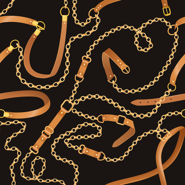 Fashion Seamless Pattern with Golden Chains and Belts. Fabric Design Background with Chain, Metallic accessories and Jewelry for Wallpapers, Prints. Vector illustration - Vetor, Imagem