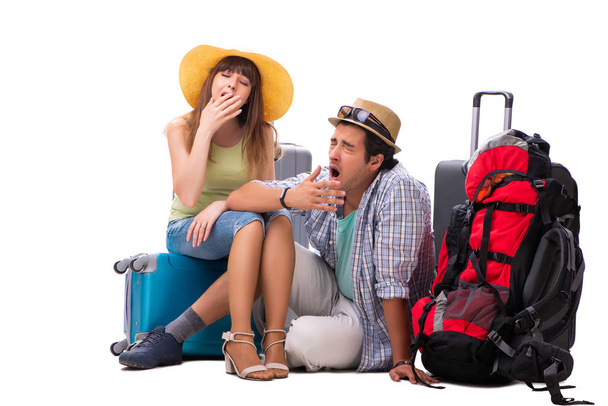 Jeune famille se préparant pour les vacances Voyage sur blanc - Photo, image