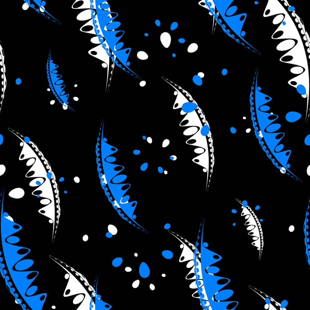Pattern of abstract leaves and petals of garden plants in blue and white colors on a black background. For paper, cloth or organic products. - Vector, imagen