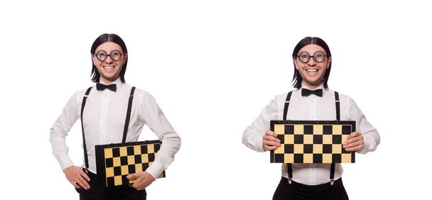Забавна людина з шахівницею ізольована на білому
 - Фото, зображення