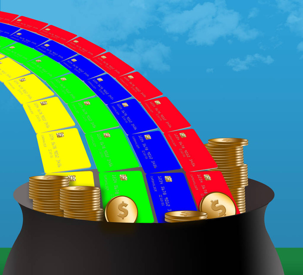Getting cash back  on credit card purchases is like finding the pot of gold at the end of a rainbow. This is an illustration about that theme. - Photo, Image