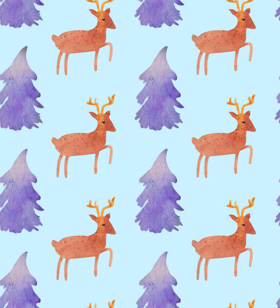 Christmas Watercolor beautiful seamless pattern with Santa, deer, ribbons, bells and tree. Happy New Year decor. Holidays decorative prints for textile, paper, cards etc - Photo, Image