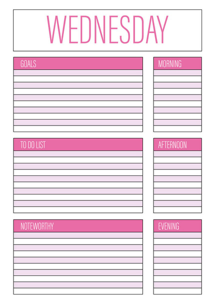 Day planner, Wednesday planner for diary, notebook. Printable A4 planner vector illustration. - Vector, Image