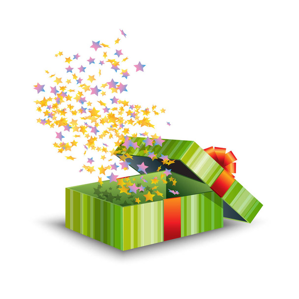 Caja de regalo verde abierto con lazo rojo y confeti aislado sobre fondo blanco. Colección para Cumpleaños, Navidad. Ilustración vectorial
 - Vector, imagen