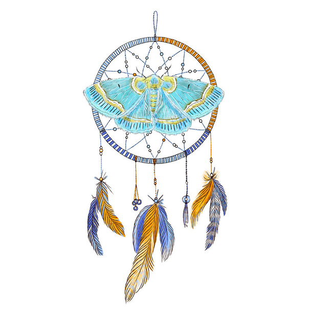 Dream catcher with feathers and butterfly isolated on white background. Hand drawn  illustration. Boho style - Fotó, kép
