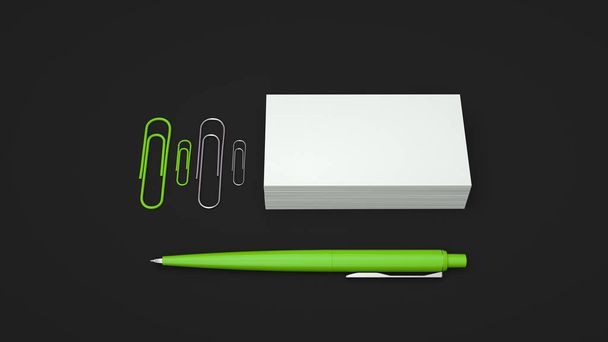 Beyaz kartvizitler, ataç ve siyah arka plan üzerine izole yeşil otomatik tükenmez kalem. Boş kağıt mockup. 3D render illüstrasyon. - Fotoğraf, Görsel