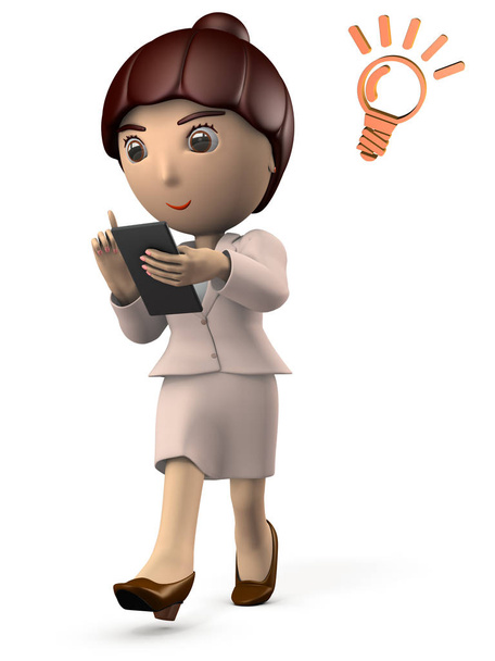 A young lady who came up with ideas, when she is operating a smartphone while walking. 3D illustration - Photo, Image