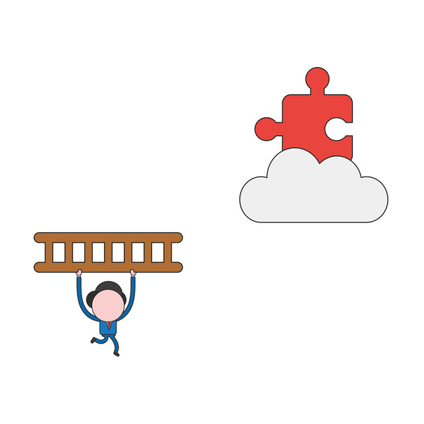 Vector illustration concept of businessman character running and carrying ladder to reach missing puzzle piece on cloud. Color and black outlines. - Vector, afbeelding