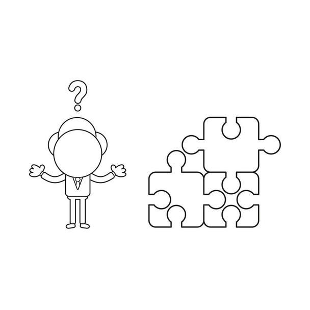 Vektor-Illustrationskonzept des Geschäftsmanncharakters verwechselt mit drei miteinander verbundenen Puzzleteilen und einem fehlenden Teil. schwarzer Umriss. - Vektor, Bild