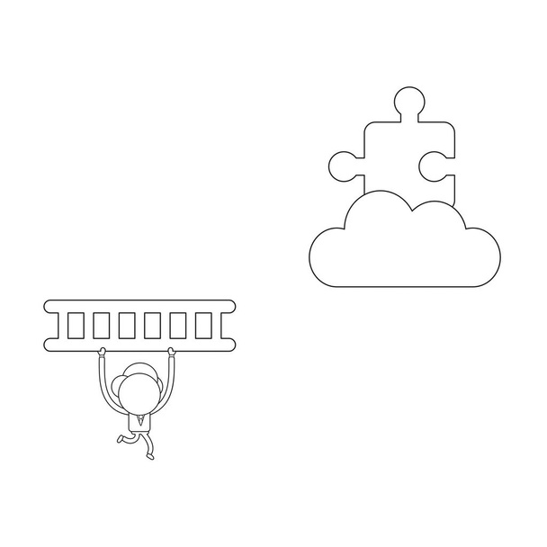 Векторна ілюстрація концепції ділового персонажа, що бігає і несе драбину, щоб досягти відсутньої частини головоломки на хмарі. Чорний контур
. - Вектор, зображення