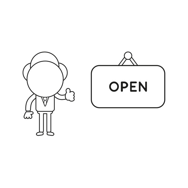 Illustration vectorielle concept de personnage d'homme d'affaires avec panneau suspendu ouvert et montrant pouces levés. contour noir
. - Vecteur, image