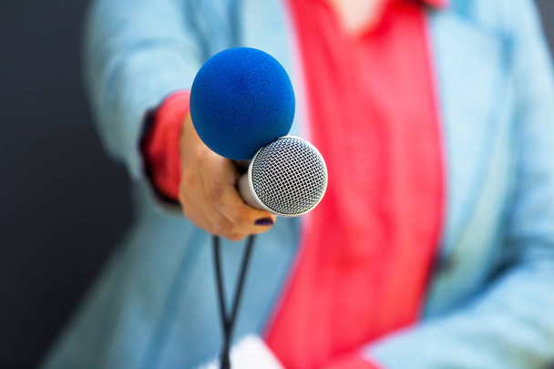 Reportérka v práci, drží mikrofon na tiskové konferenci  - Fotografie, Obrázek