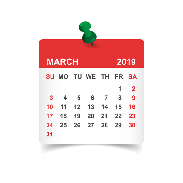 Agenda maart 2019 jaar in papieren sticker met pin. Kalender planner ontwerpsjabloon. Agenda maart maandelijkse herinnering. Zakelijke vectorillustratie. - Vector, afbeelding