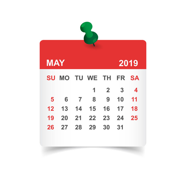 Agenda mei 2019 jaar in papieren sticker met pin. Kalender planner ontwerpsjabloon. Agenda mei maandelijkse herinnering. Zakelijke vectorillustratie. - Vector, afbeelding