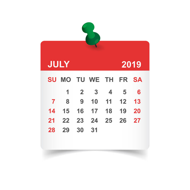Calendar july 2019 year in paper sticker with pin. Calendar planner design template. Agenda july monthly reminder. Business vector illustration. - Vector, Image