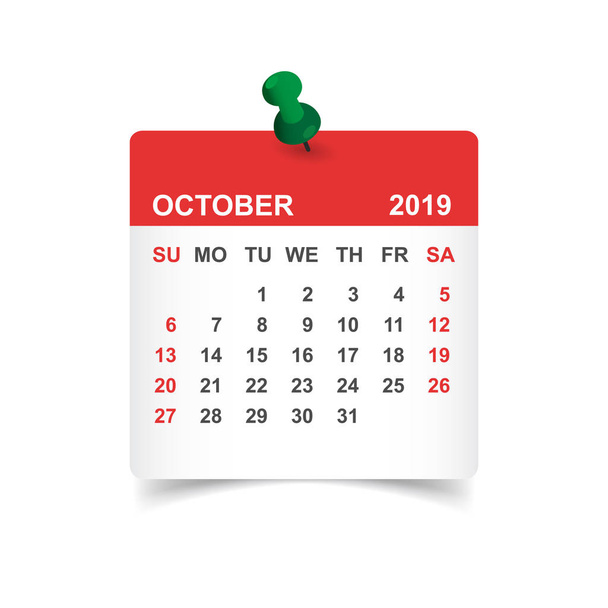 Calendario octubre 2019 año en papel adhesivo con pin. Plantilla de diseño de planificador de calendario. Agenda de octubre recordatorio mensual. Ilustración del vector empresarial
. - Vector, imagen