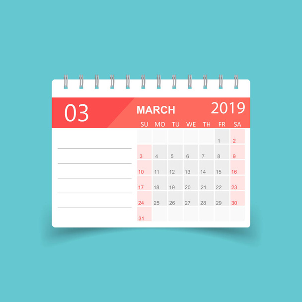 Calendar march 2019 year in paper sticker with shadow. Calendar planner design template. Agenda march monthly reminder. Business vector illustration. - Vector, Image