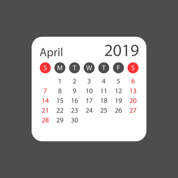 シンプルなスタイルの 2019 年 4 月をカレンダーします。カレンダー プランナーのデザイン テンプレートです。議題 4 月毎月リマインダー。ビジネスのベクトル図. - ベクター画像