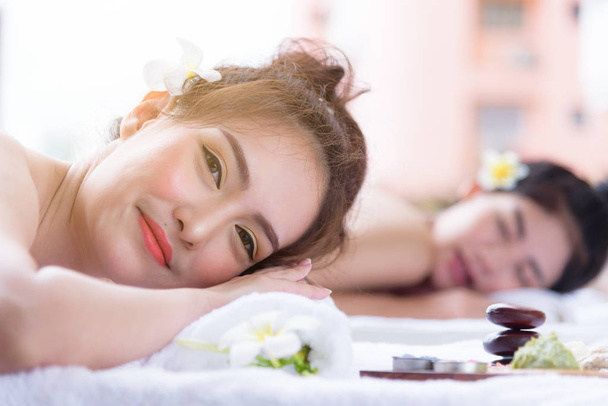 Portrait of duo beautiful asian people with close up view and close up eyes. Beauty, healthy, spa and relaxation concept. - Photo, Image