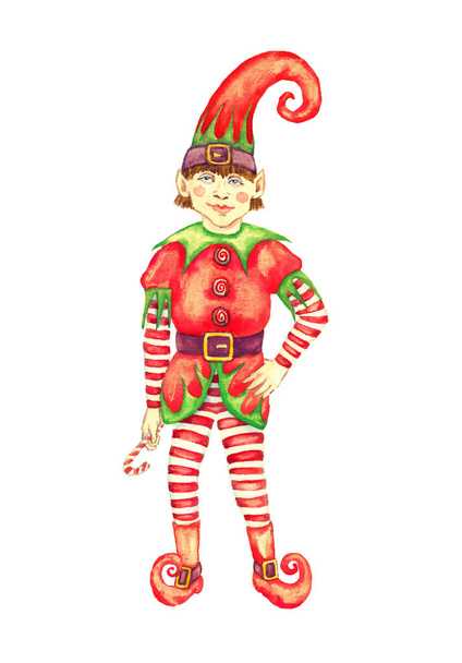 Elfe de Noël garçon en costume lumineux avec chapeau long et canne à bonbons dans les mains, isolé sur illustration aquarelle blanche
 - Photo, image