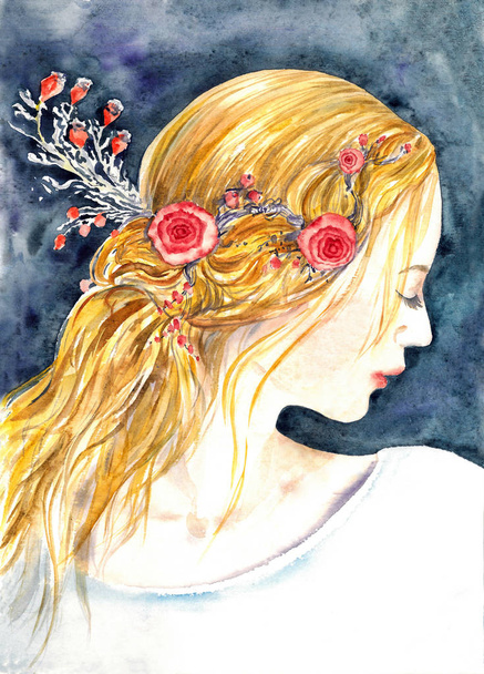 Jong en mooi meisje portret profiel (fairy elf blik), lang blond haar met rode rozen, aquarel illustratie op donker blauwe achtergrond - Foto, afbeelding