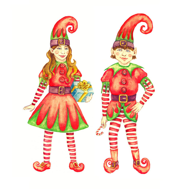 Natale elfo ragazza e ragazzo in costumi luminosi con cappelli lunghi, isolato su illustrazione acquerello bianco
 - Foto, immagini