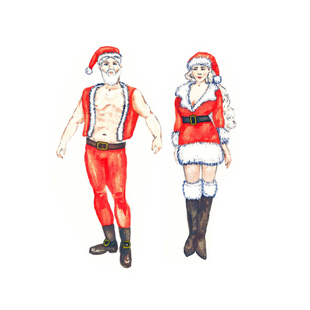 M. et Mme Père Noël jeune et belle, isolé sur l'aquarelle blanche illustration
 - Photo, image