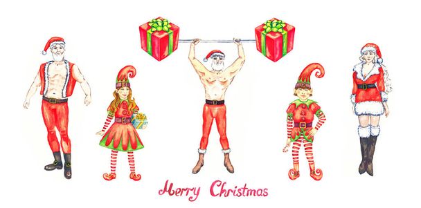 Sra. y Sr. Santa Claus, sosteniendo la barra con cajas de regalo, joven y hermoso, elfos de Navidad en traje brillante con sombrero largo y bastón de caramelo en las manos, aislado en la ilustración de acuarela blanca
 - Foto, Imagen