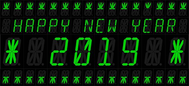 Feliz Ano Novo 2019. Ilustração vetorial de um display LED eletrônico de 16 elementos com cumprimentos de ano novo. Versão em inglês. Todos os elementos agrupados e classificados em camadas para facilitar a edição
. - Vetor, Imagem