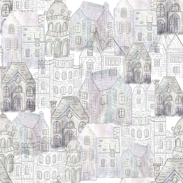 Abstract seamless pattern with houses . Perfect for fabric,textile,wallpaper.Watercolor Illustration. - Photo, Image