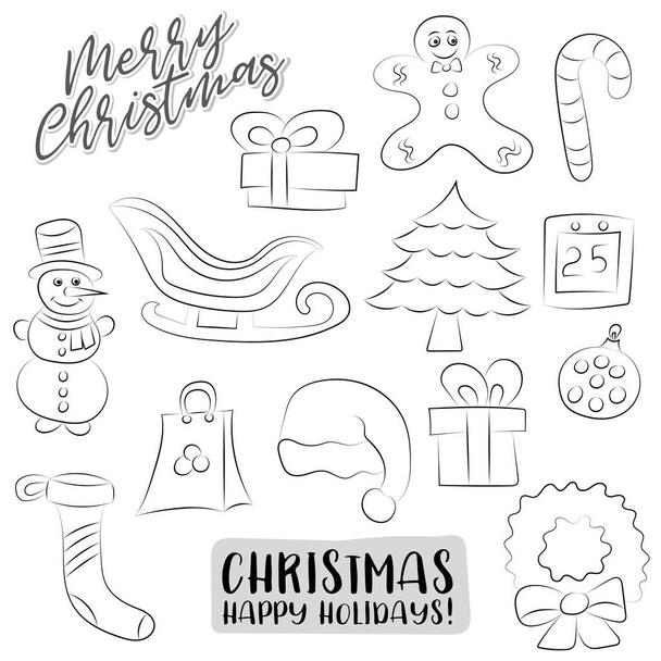 Christmas and New year set of icons and objects. Hand drawn doodle cartoon style modern winter holidays design concept. Black and white outline coloring page kids game. Monochrome doodle line art. Vector illustration. - Vector, Image