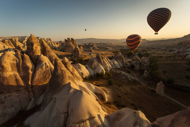 View from above the Cappadocia Valleys with balloons. Turkey. - Photo, image