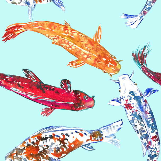 Koi Karpfen Sammlung Schwimmen im Teich, handgemalte Aquarell-Illustration, nahtlose Mustergestaltung  - Foto, Bild