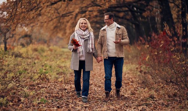 Senior para spaceru w parku jesienią. Atrakcyjna kobieta i mężczyzna przystojny spędzać czas razem na zewnątrz - Zdjęcie, obraz