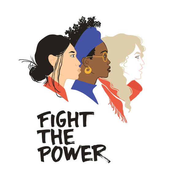 Lucha contra el poder. Juntos más fuertes. Solidaridad de chicas. Igualdad de derechos para todos. Feminismo
  - Vector, imagen