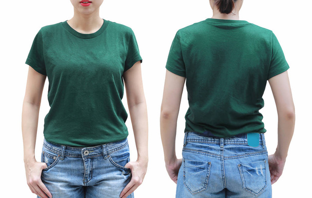 Young woman in green shirt on white background. - Photo, Image