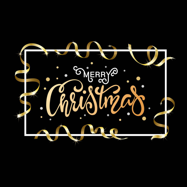 Christmas background for holiday greeting card. Gold calligraphy lettering Merry Christmas on premium luxury vip black background  with serpentine and gold and silver snowflakes. - Vector, Image