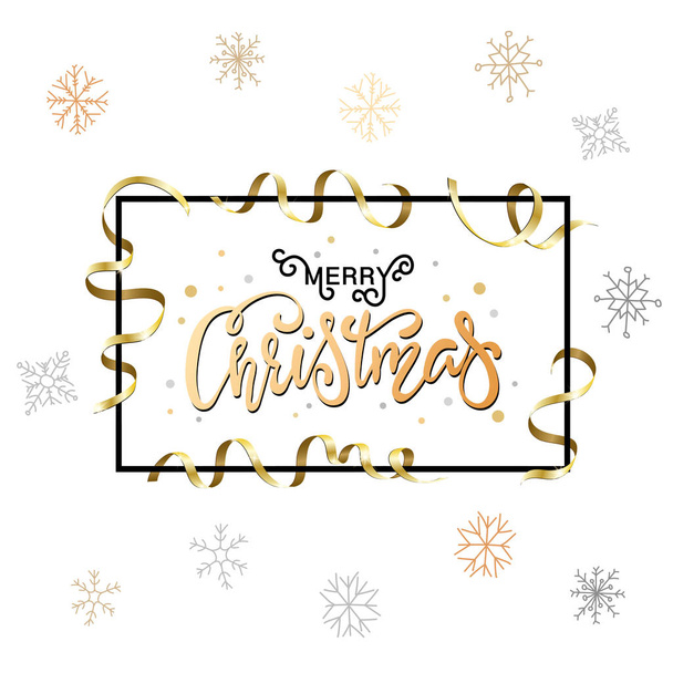 Christmas background for holiday greeting card. Gold calligraphy lettering Merry Christmas on premium luxury vip white background  with serpentine and gold and silver snowflakes. - Vektor, obrázek