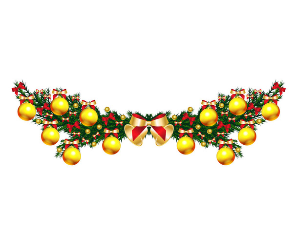 decoratief element met kerstboom takken versierd met gele kerstballen en strik op wit, vectorillustratie - Vector, afbeelding