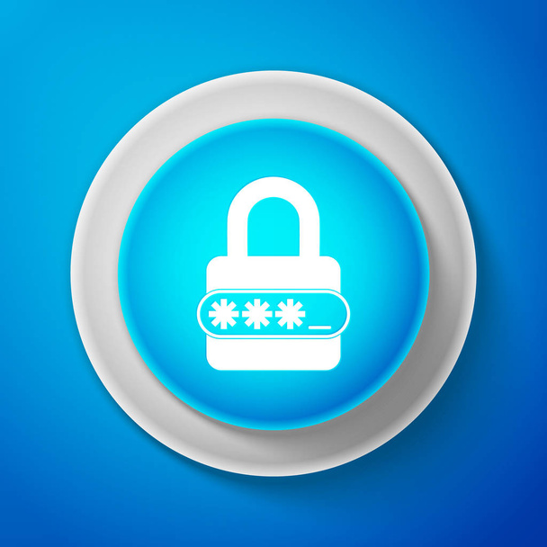 ホワイト パスワード保護と安全アクセス アイコンが青の背景に分離されました。白い線と青い丸ボタン。ベクトル図 - ベクター画像