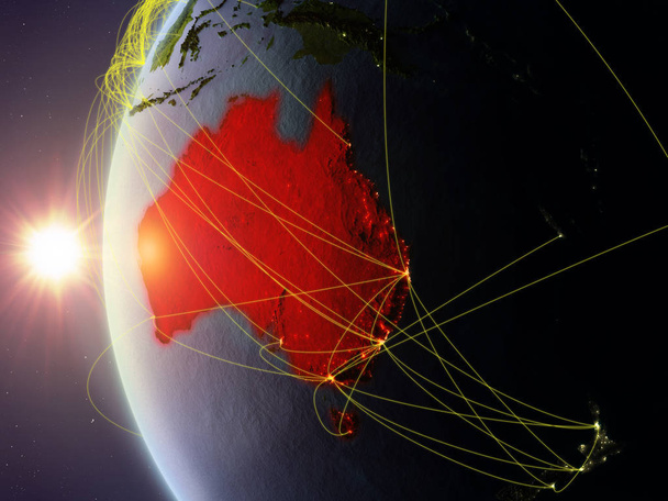 Ausztrália az űrből modell, a föld alatt nemzetközi hálózat naplemente. Digitális kommunikáció vagy utazási koncepció. 3D-s illusztráció. Ez a kép a Nasa berendezett elemei. - Fotó, kép