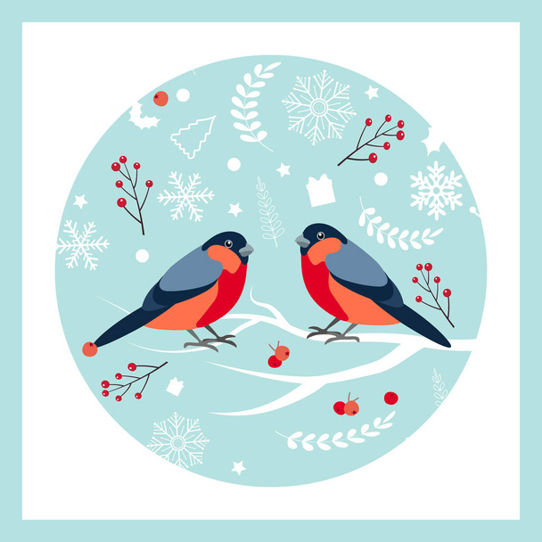 Bullfinch sentado no ramo coberto de neve de cinza de montanha. Natal e Ano Novo cartões de saudação design
. - Vetor, Imagem