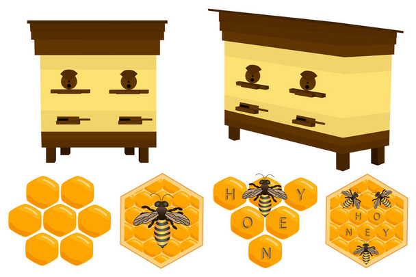 Иллюстрация на тему большого цветного набора разных видов меда разного размера для пчел на сотах. Медовый узор, состоящий из коллекции аксессуаров из пчелы в сотах. Пчелы живут в сотах меда
 - Вектор,изображение